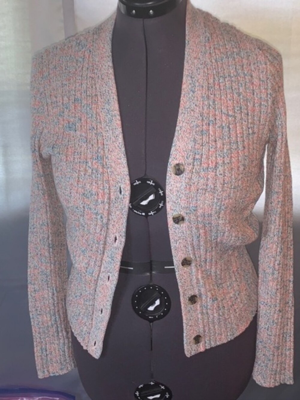 LOFT | NWT Marled V-Neck Button Cardigan Peach Navy Knit Sweater | S - Picture 5 of 5